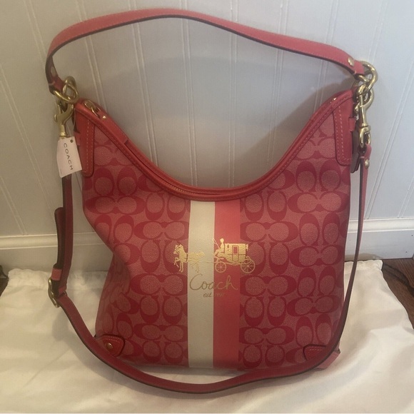 Coach Handbags - NWT Coach 13193 Heritage Stripe Signature Convertible Magenta Canvas Hobo Bag